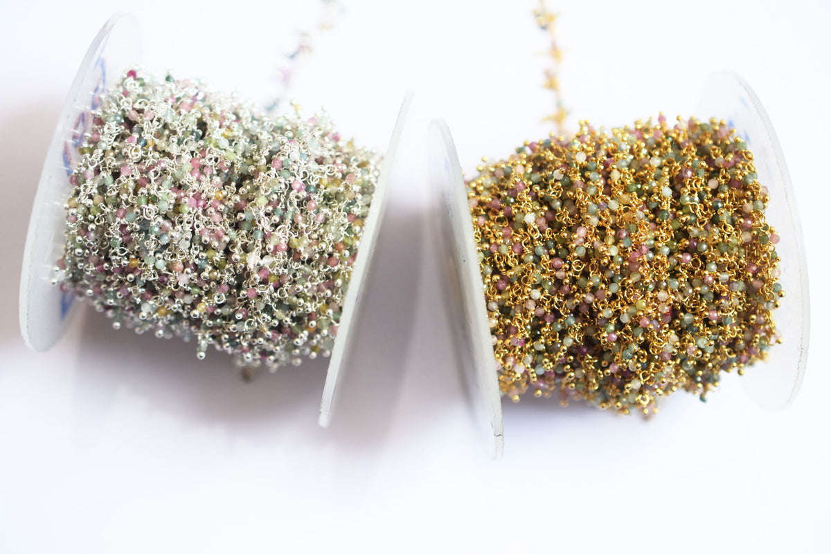 Multi Tourmaline Faceted Round Shape Dangling Style Beaded Chain, Sold by Foot, 2 - 2.5 mm, 34069