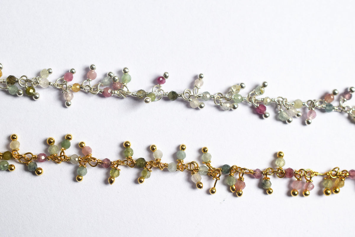Multi Tourmaline Faceted Round Shape Dangling Style Beaded Chain, Sold by Foot, 2 - 2.5 mm, 34069