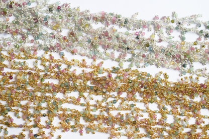 Multi Tourmaline Faceted Round Shape Dangling Style Beaded Chain, Sold by Foot, 2 - 2.5 mm, 34069
