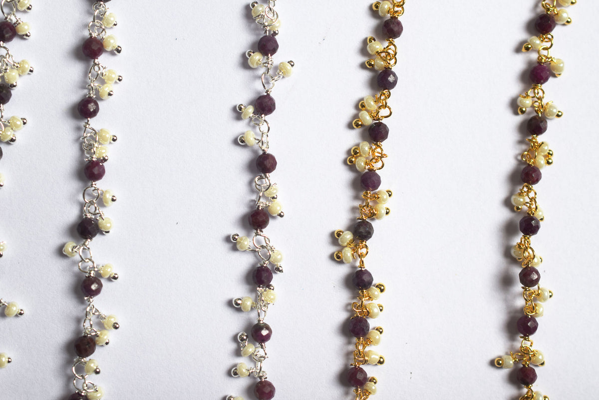 Natural Ruby Faceted Rondelle and Pearl Hydro Beads Dangling Style Beaded Chain, Sold by Foot, 3 - 3.5 mm, 34070