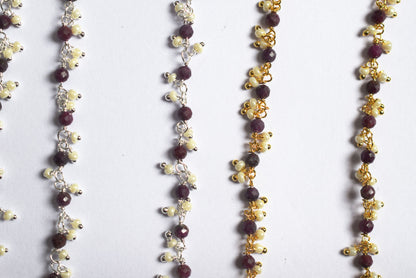 Natural Ruby Faceted Rondelle and Pearl Hydro Beads Dangling Style Beaded Chain, Sold by Foot, 3 - 3.5 mm, 34070