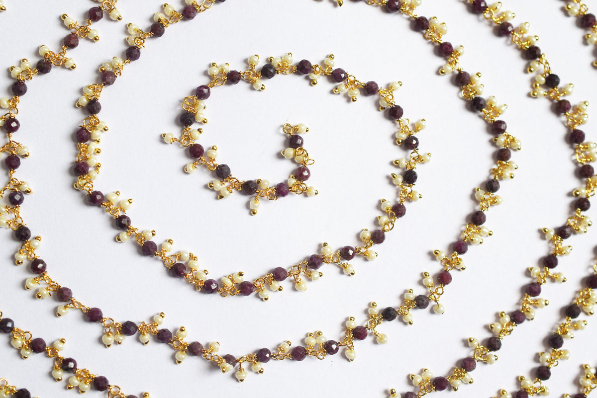 Natural Ruby Faceted Rondelle and Pearl Hydro Beads Dangling Style Beaded Chain, Sold by Foot, 3 - 3.5 mm, 34070