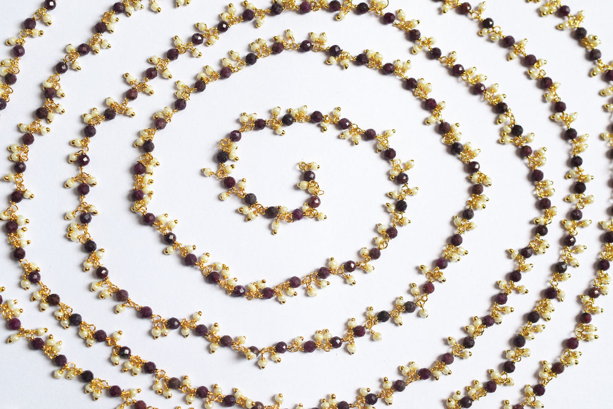 Natural Ruby Faceted Rondelle and Pearl Hydro Beads Dangling Style Beaded Chain, Sold by Foot, 3 - 3.5 mm, 34070