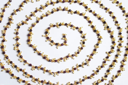 Natural Ruby Faceted Rondelle and Pearl Hydro Beads Dangling Style Beaded Chain, Sold by Foot, 3 - 3.5 mm, 34070