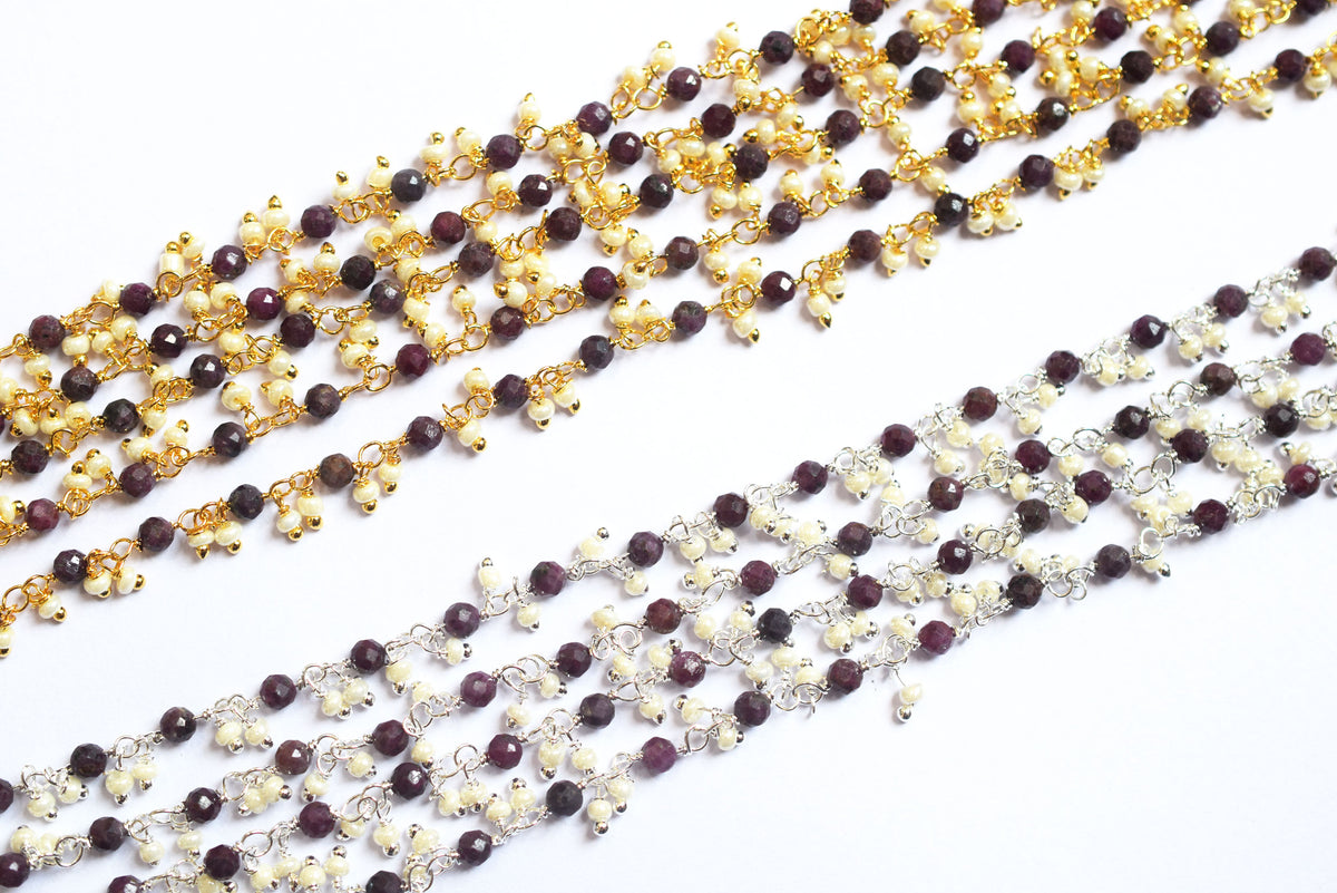 Natural Ruby Faceted Rondelle and Pearl Hydro Beads Dangling Style Beaded Chain, Sold by Foot, 3 - 3.5 mm, 34070