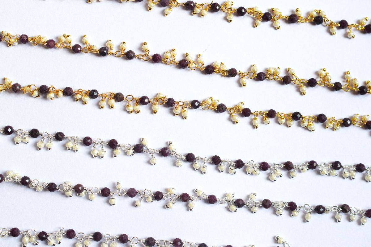 Natural Ruby Faceted Rondelle and Pearl Hydro Beads Dangling Style Beaded Chain, Sold by Foot, 3 - 3.5 mm, 34070