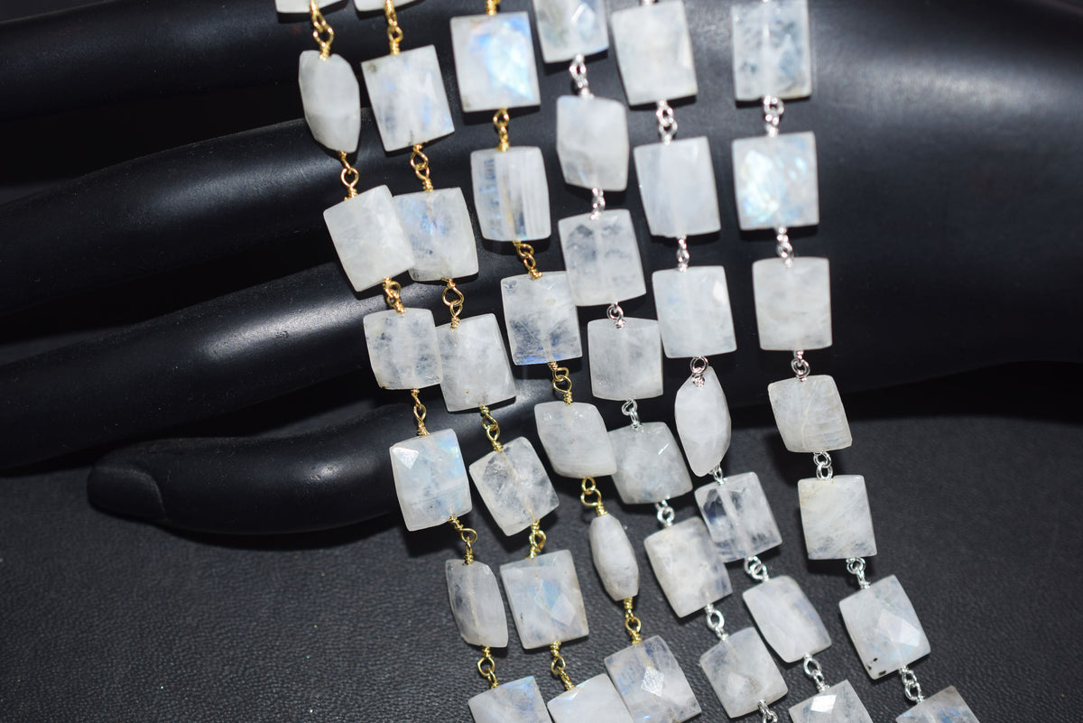 Rainbow Moonstone Chicklet Faceted Rosary Beaded Chain, Sold By Foot, 8x10 - 9x11 mm, 34072