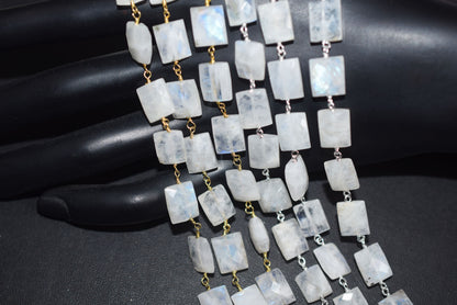 Rainbow Moonstone Chicklet Faceted Rosary Beaded Chain, Sold By Foot, 8x10 - 9x11 mm, 34072