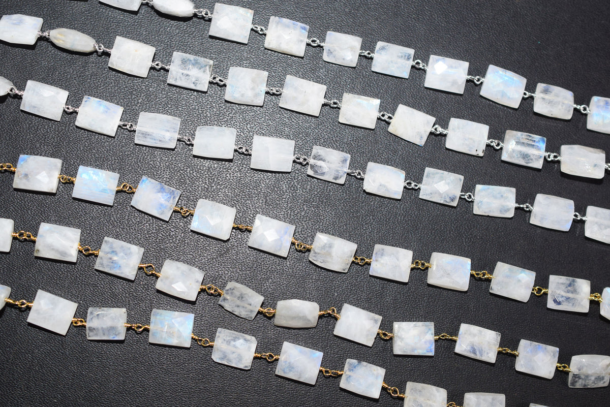 Rainbow Moonstone Chicklet Faceted Rosary Beaded Chain, Sold By Foot, 8x10 - 9x11 mm, 34072