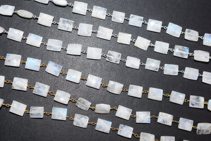 Rainbow Moonstone Chicklet Faceted Rosary Beaded Chain, Sold By Foot, 8x10 - 9x11 mm, 34072