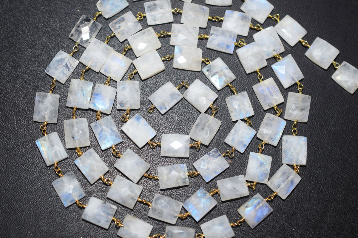 Rainbow Moonstone Chicklet Faceted Rosary Beaded Chain, Sold By Foot, 8x10 - 9x11 mm, 34072