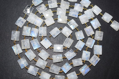 Rainbow Moonstone Chicklet Faceted Rosary Beaded Chain, Sold By Foot, 8x10 - 9x11 mm, 34072