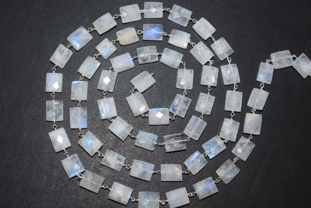 Rainbow Moonstone Chicklet Faceted Rosary Beaded Chain, Sold By Foot, 8x10 - 9x11 mm, 34072