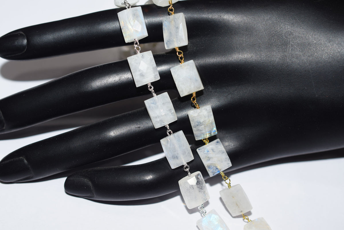 Rainbow Moonstone Chicklet Faceted Rosary Beaded Chain, Sold By Foot, 8x10 - 9x11 mm, 34072