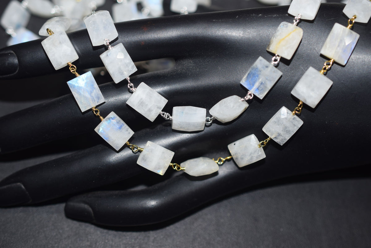 Rainbow Moonstone Chicklet Faceted Rosary Beaded Chain, Sold By Foot, 8x10 - 9x11 mm, 34072
