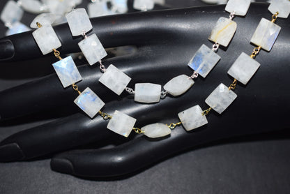 Rainbow Moonstone Chicklet Faceted Rosary Beaded Chain, Sold By Foot, 8x10 - 9x11 mm, 34072