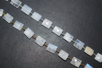 Rainbow Moonstone Chicklet Faceted Rosary Beaded Chain, Sold By Foot, 8x10 - 9x11 mm, 34072