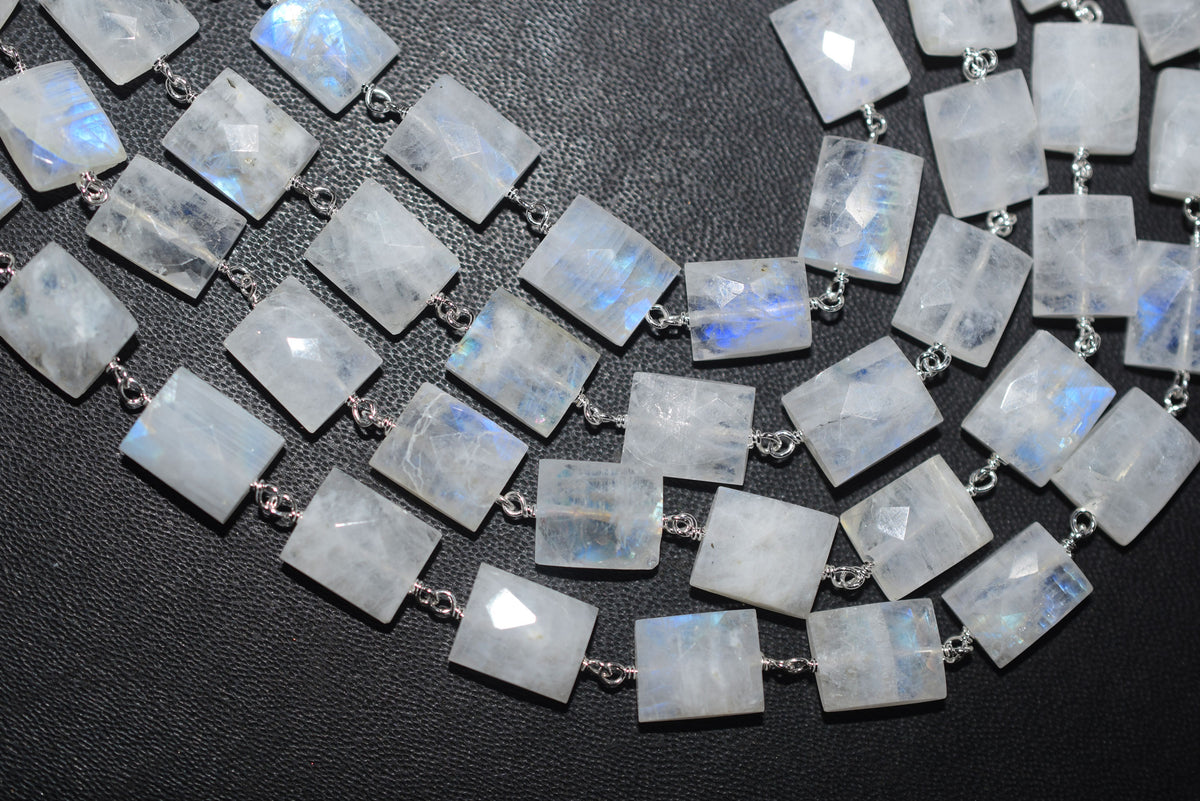 Rainbow Moonstone Chicklet Faceted Rosary Beaded Chain, Sold By Foot, 8x10 - 9x11 mm, 34072