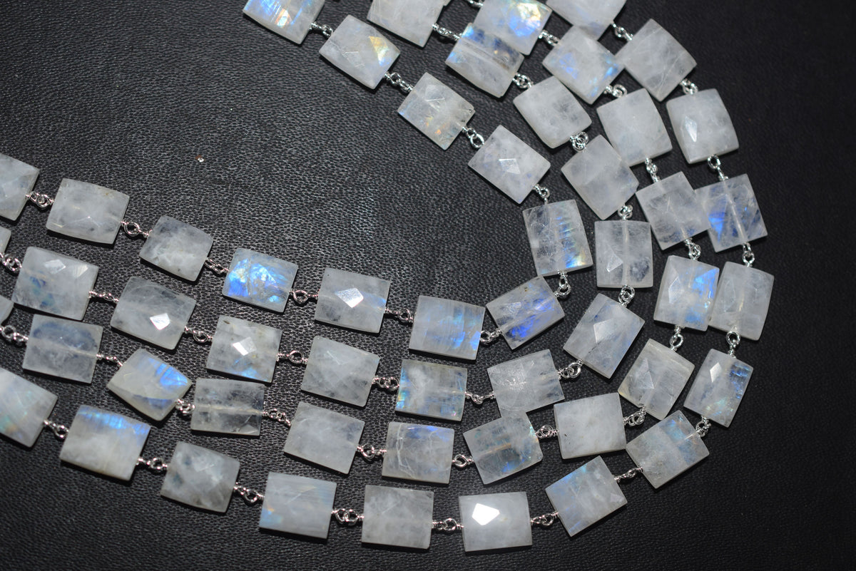 Rainbow Moonstone Chicklet Faceted Rosary Beaded Chain, Sold By Foot, 8x10 - 9x11 mm, 34072