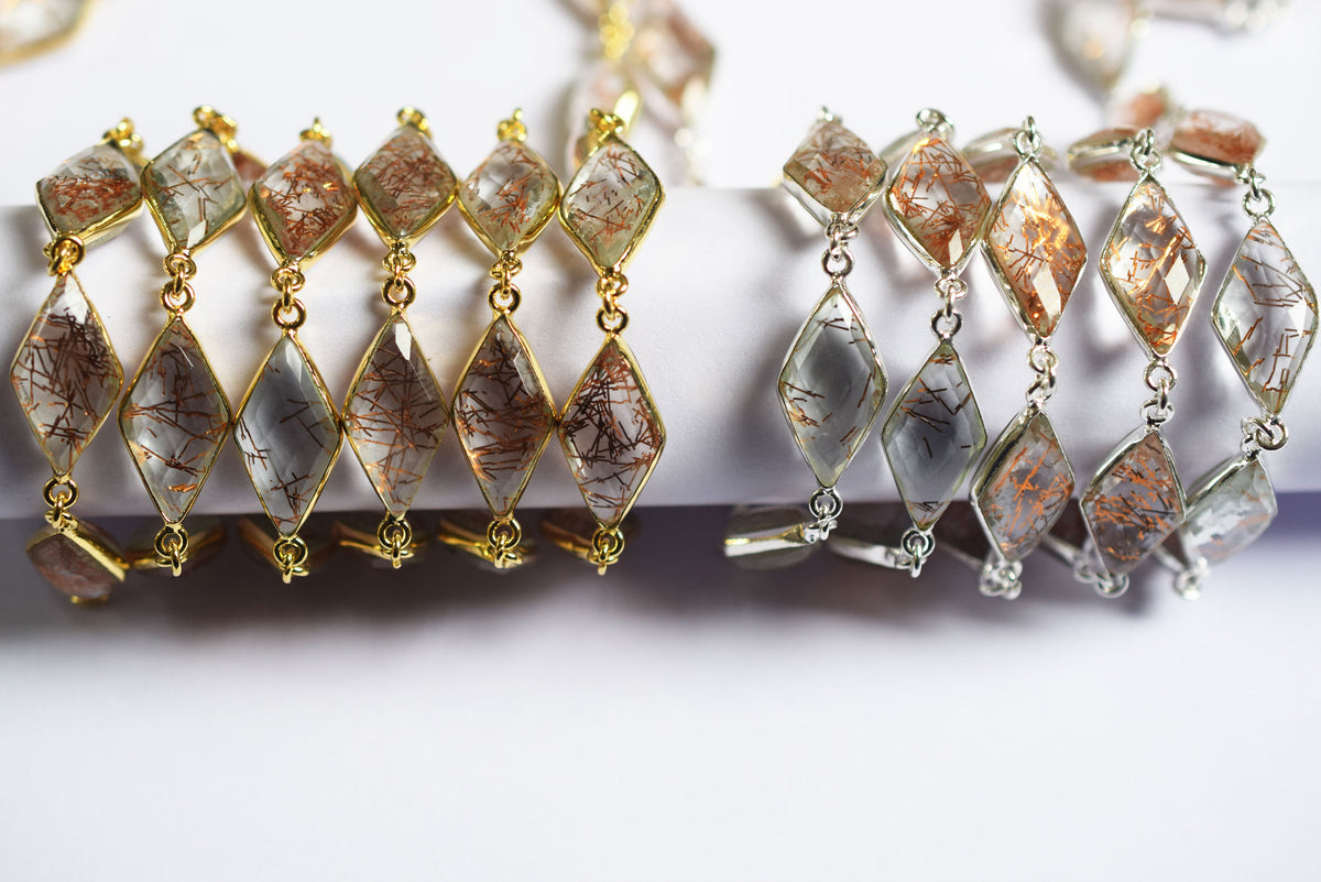 Copper Rutile Hydro Glass Diamond Faceted Connector Chain, Sold By Foot, 10x20 - 11x21 mm, 34073