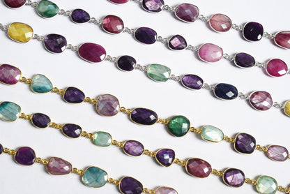 Silverite Multi Moonstone Slice Faceted Connector Chain, Sold By Foot, 10.5 - 19 mm, 34074