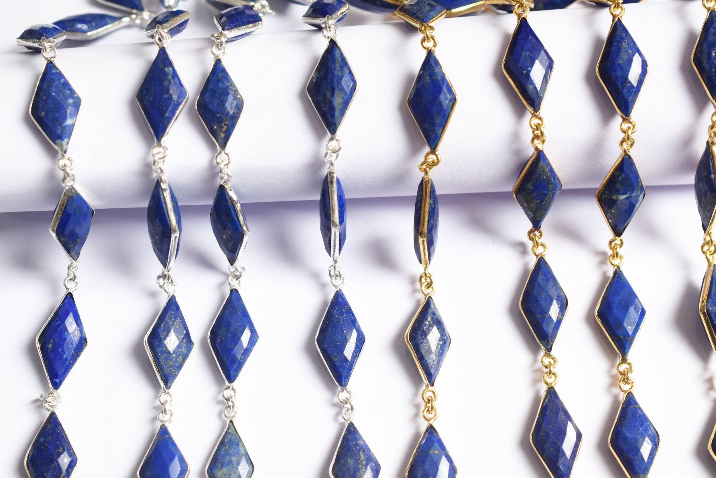 Natural Lapis Lazuli Diamond Faceted Connector Chain, Sold By Foot, 10x19 - 11x21 mm, 34078