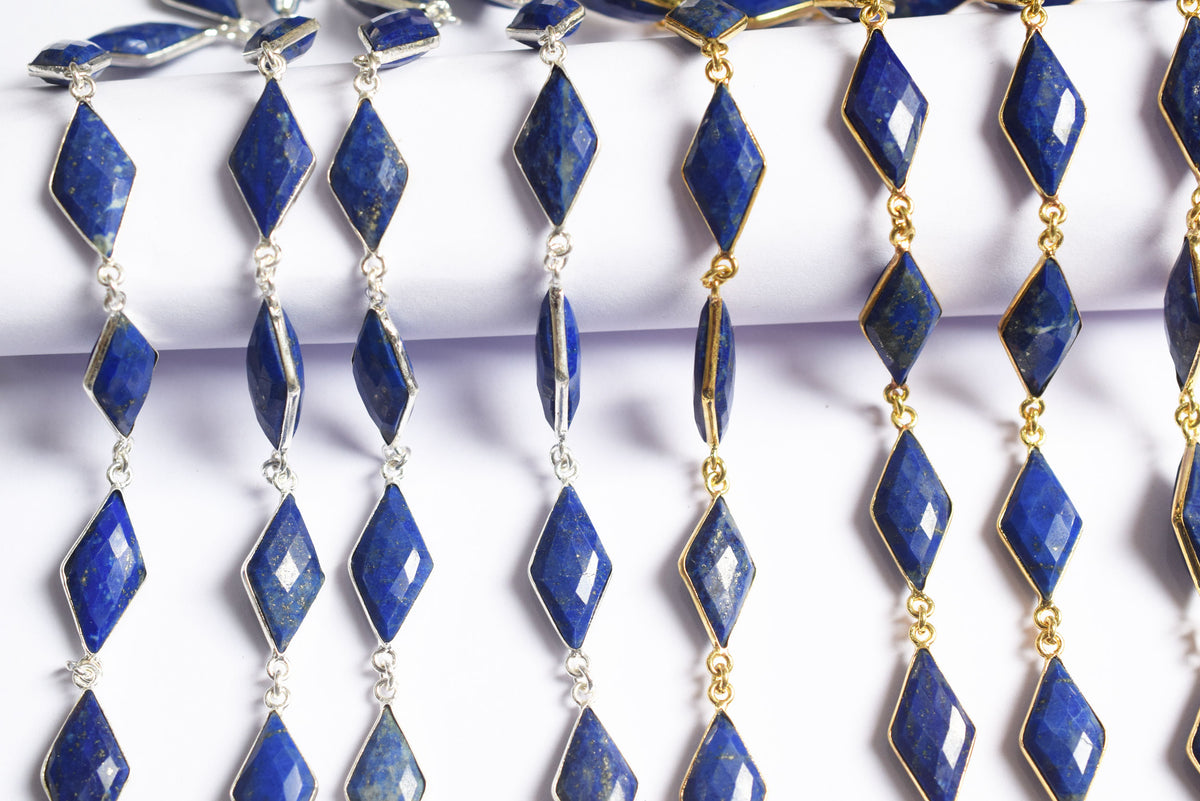 Natural Lapis Lazuli Diamond Faceted Connector Chain, Sold By Foot, 10x19 - 11x21 mm, 34078