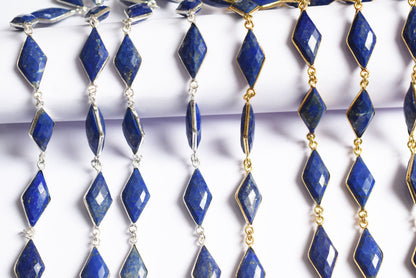 Natural Lapis Lazuli Diamond Faceted Connector Chain, Sold By Foot, 10x19 - 11x21 mm, 34078