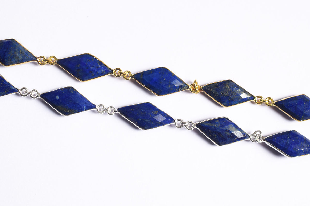 Natural Lapis Lazuli Diamond Faceted Connector Chain, Sold By Foot, 10x19 - 11x21 mm, 34078