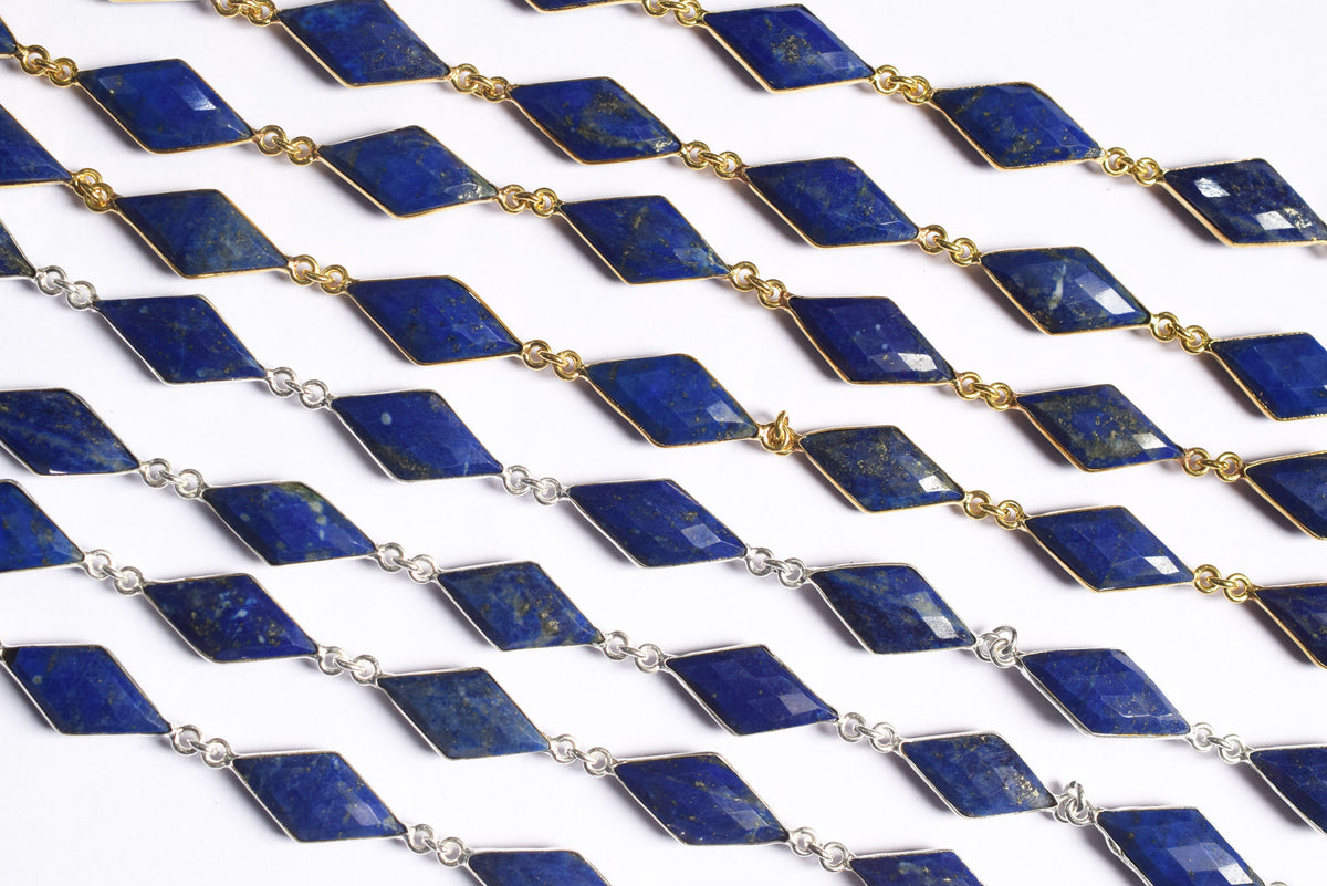 Natural Lapis Lazuli Diamond Faceted Connector Chain, Sold By Foot, 10x19 - 11x21 mm, 34078
