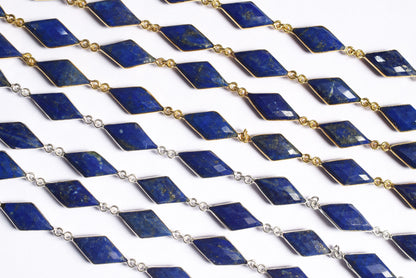 Natural Lapis Lazuli Diamond Faceted Connector Chain, Sold By Foot, 10x19 - 11x21 mm, 34078