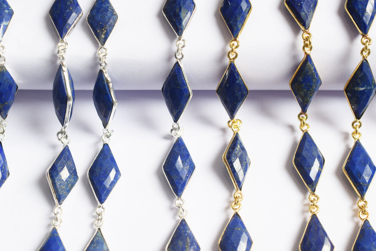 Natural Lapis Lazuli Diamond Faceted Connector Chain, Sold By Foot, 10x19 - 11x21 mm, 34078