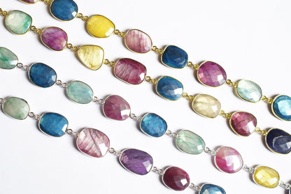 Silverite Multi Moonstone Slice Faceted Connector Chain, Sold By Foot, 13 - 21 mm, 34082