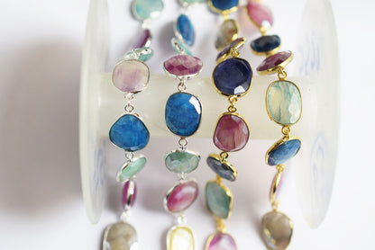 Silverite Multi Moonstone Slice Faceted Connector Chain, Sold By Foot, 13 - 21 mm, 34082