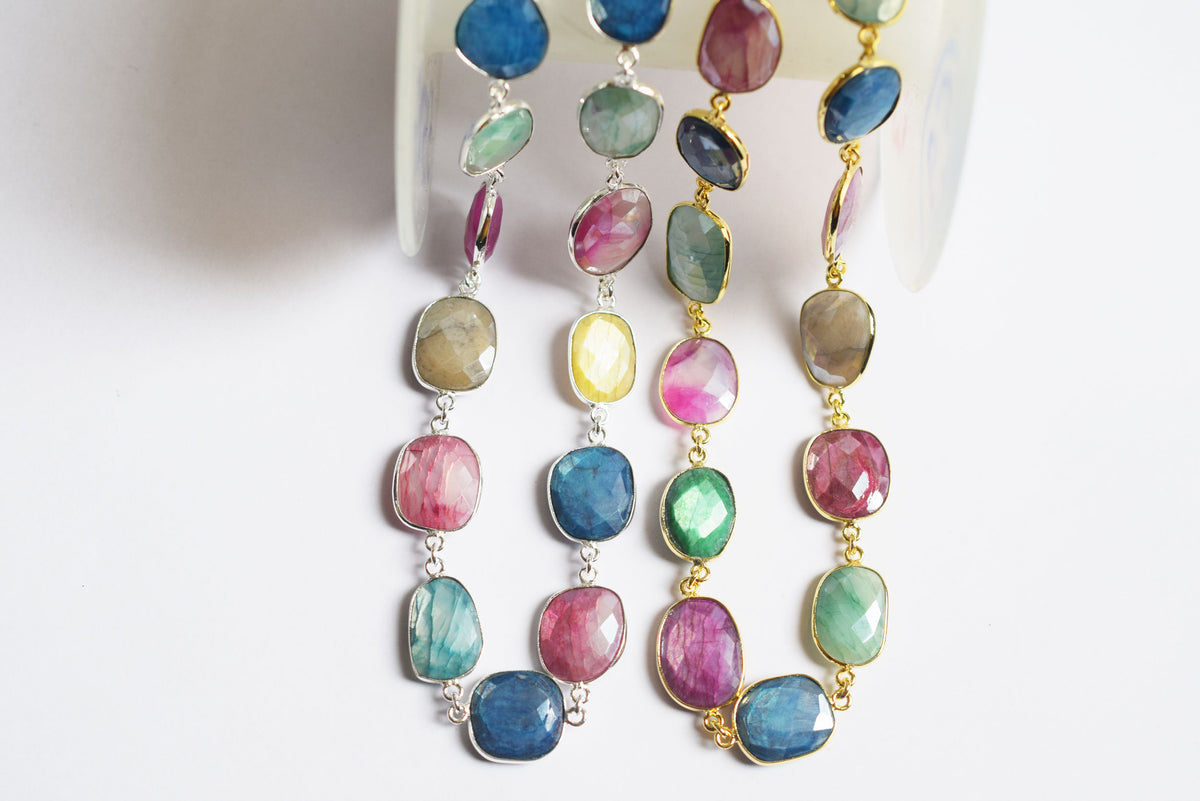 Silverite Multi Moonstone Slice Faceted Connector Chain, Sold By Foot, 13 - 21 mm, 34082
