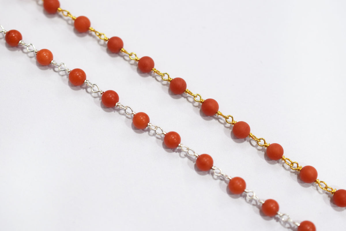 Mediterranean Dyed Coral Round Beads Chain, Sold By Foot,3.8- 4 mm, 34083