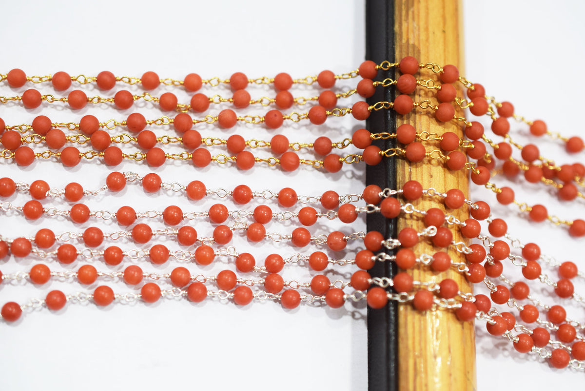 Mediterranean Dyed Coral Round Beads Chain, Sold By Foot,3.8- 4 mm, 34083