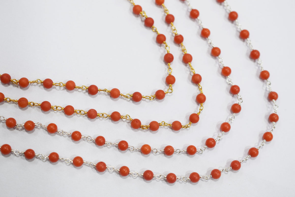 Mediterranean Dyed Coral Round Beads Chain, Sold By Foot,3.8- 4 mm, 34083