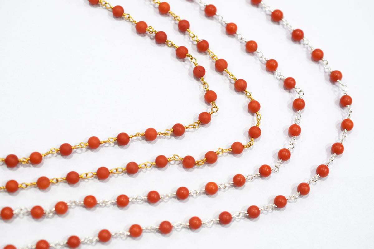 Mediterranean Dyed Coral Round Beads Chain, Sold By Foot,3.8- 4 mm, 34083