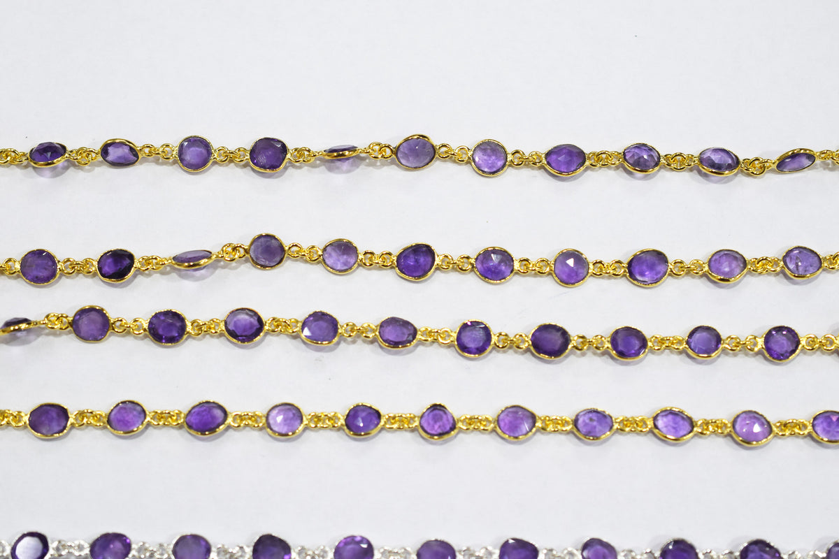 Natural Pink Amethyst Faceted Slice Shape Bezel Link Chain , Sold By Foot, 14 - 15.5 mm , 34085