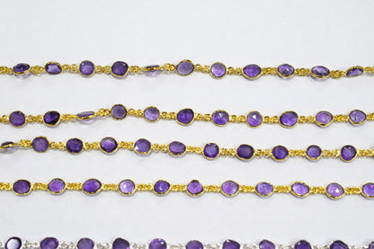 Natural Pink Amethyst Faceted Slice Shape Bezel Link Chain , Sold By Foot, 14 - 15.5 mm , 34085