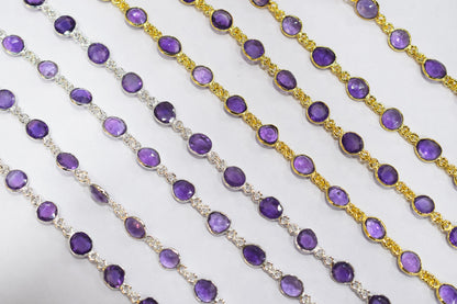 Natural Pink Amethyst Faceted Slice Shape Bezel Link Chain , Sold By Foot, 14 - 15.5 mm , 34085