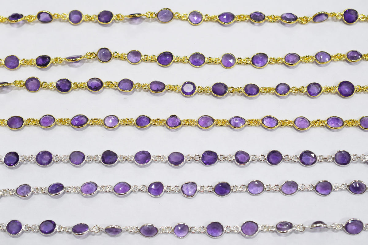 Natural Pink Amethyst Faceted Slice Shape Bezel Link Chain , Sold By Foot, 14 - 15.5 mm , 34085