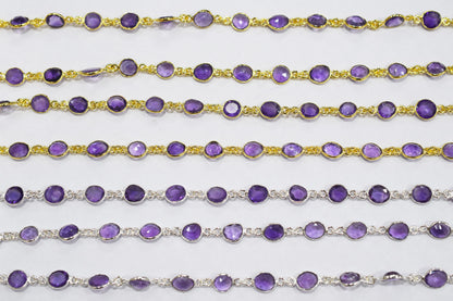 Natural Pink Amethyst Faceted Slice Shape Bezel Link Chain , Sold By Foot, 14 - 15.5 mm , 34085