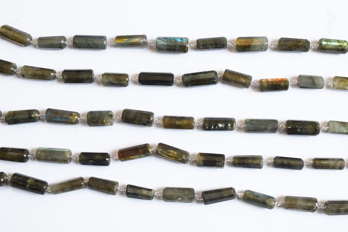 Natural Flashy Labradorite Pillar Cut Gemstone Chain, Sold by Foot,  Labradorite Pillar Wire Wrapped Chain , 18 - 22 mm, 34089