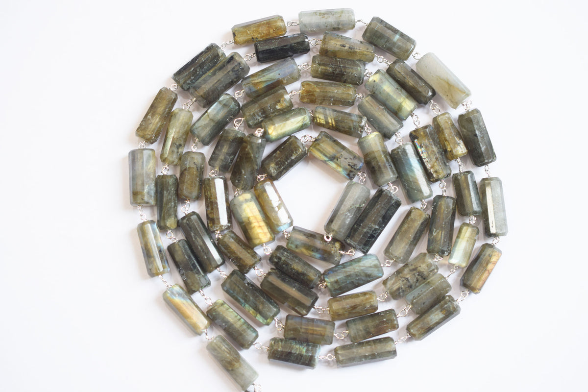 Natural Flashy Labradorite Pillar Cut Gemstone Chain, Sold by Foot,  Labradorite Pillar Wire Wrapped Chain , 18 - 22 mm, 34089