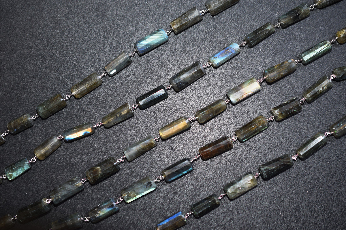 Natural Flashy Labradorite Pillar Cut Gemstone Chain, Sold by Foot,  Labradorite Pillar Wire Wrapped Chain , 18 - 22 mm, 34089