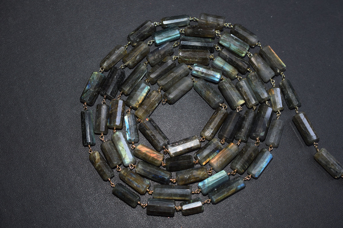 Natural Flashy Labradorite Pillar Cut Gemstone Chain, Sold by Foot,  Labradorite Pillar Wire Wrapped Chain , 18 - 22 mm, 34089