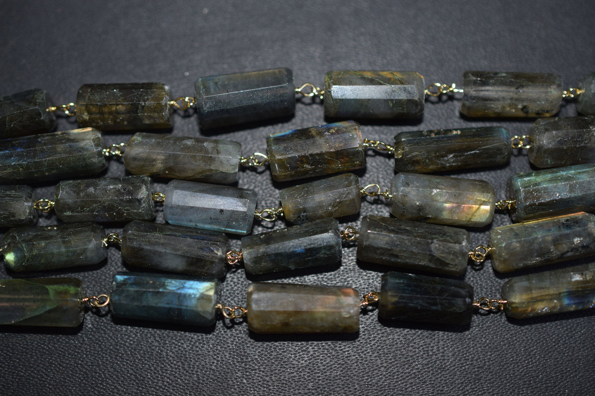 Natural Flashy Labradorite Pillar Cut Gemstone Chain, Sold by Foot,  Labradorite Pillar Wire Wrapped Chain , 18 - 22 mm, 34089