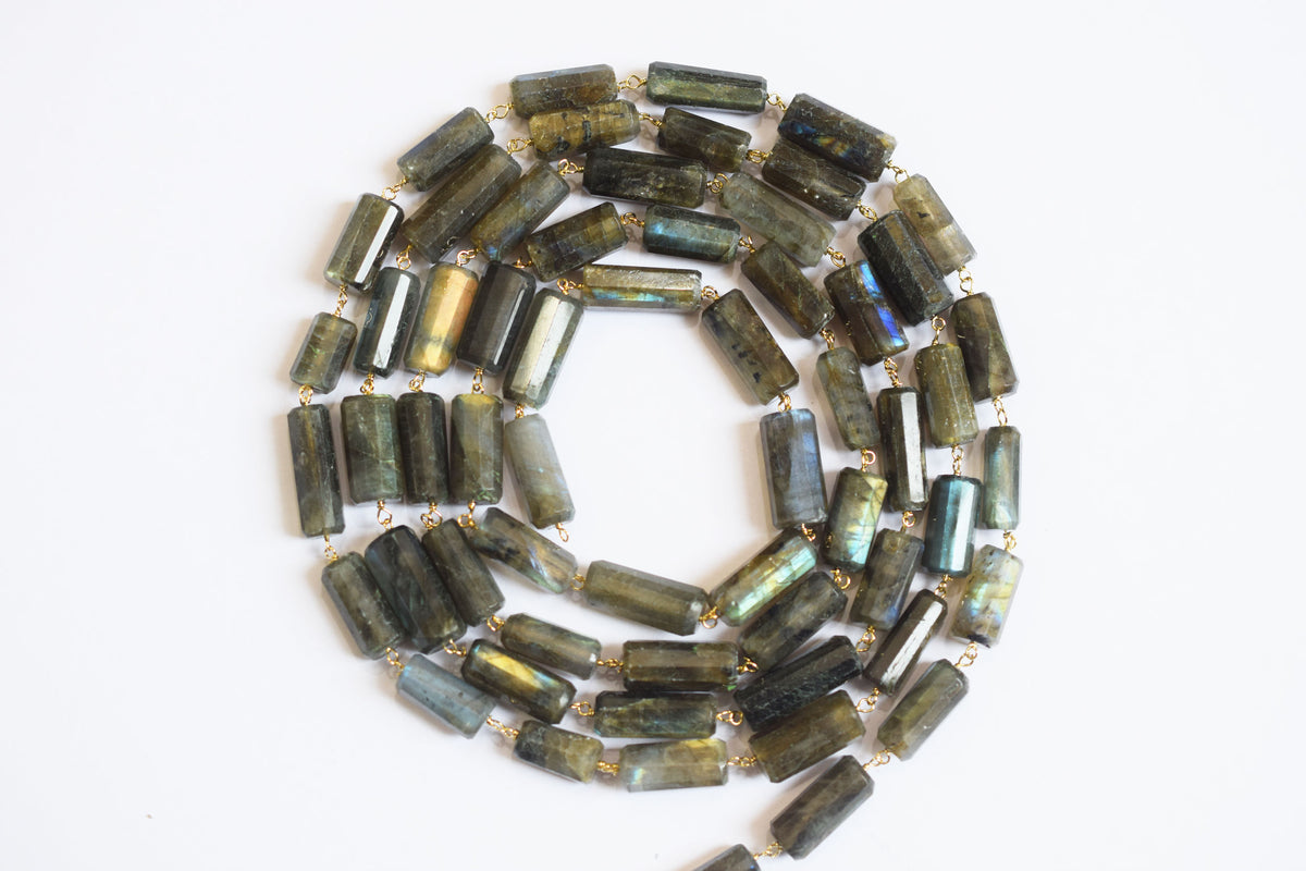 Natural Flashy Labradorite Pillar Cut Gemstone Chain, Sold by Foot,  Labradorite Pillar Wire Wrapped Chain , 18 - 22 mm, 34089